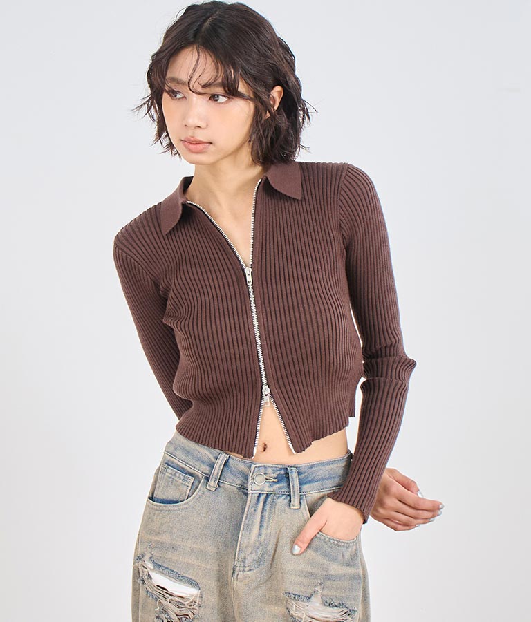 ダブルジップ 襟付き リブ ニット トップス 153-5587