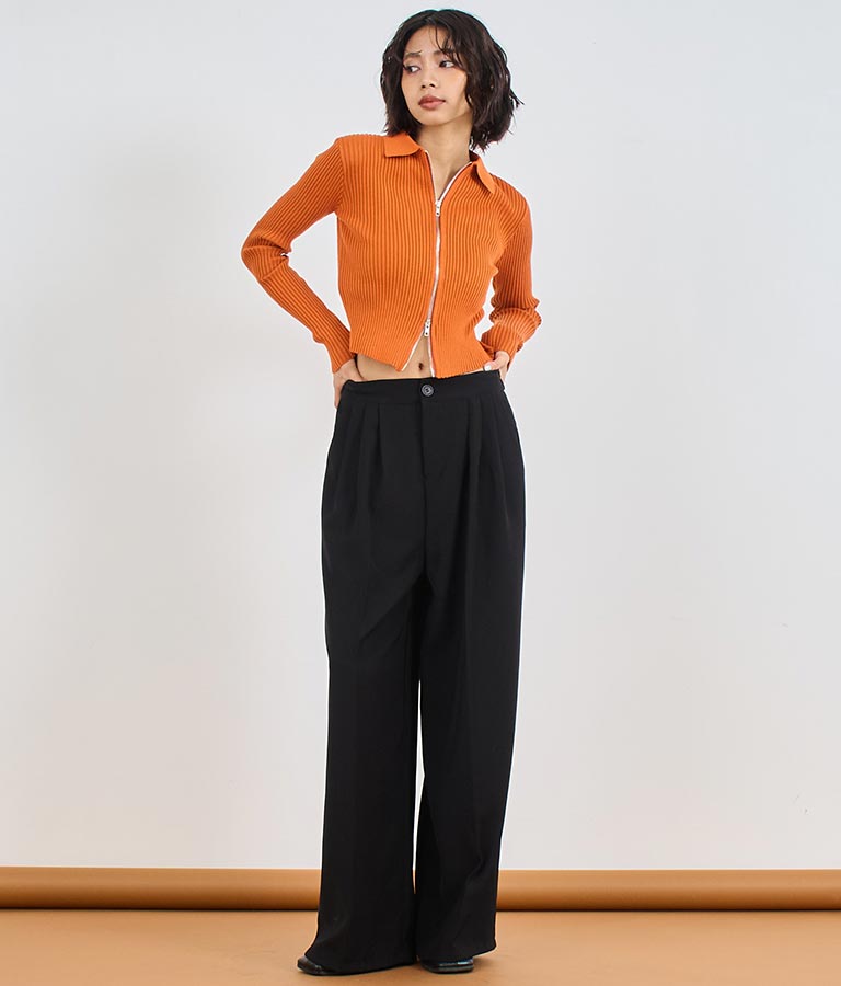 ダブルジップ 襟付き リブ ニット トップス 153-5587