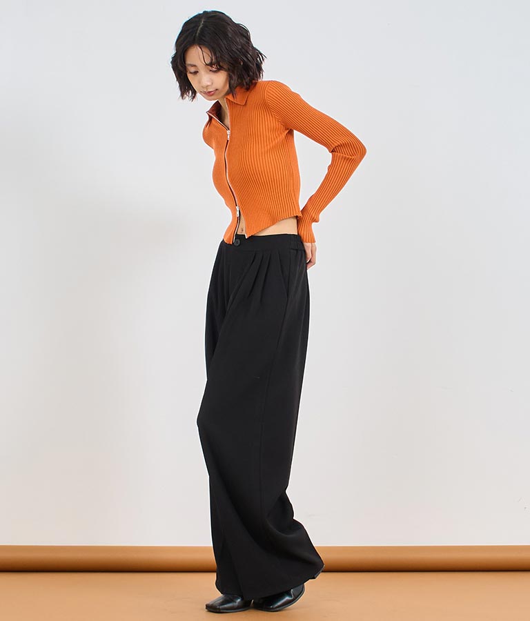 ダブルジップ 襟付き リブ ニット トップス 153-5587