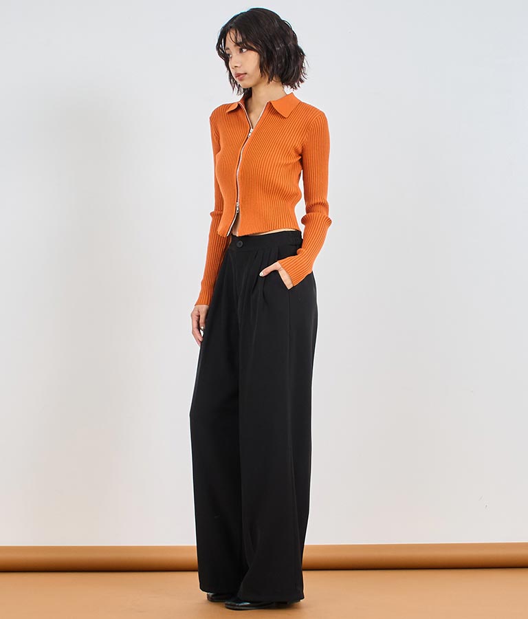 ダブルジップ 襟付き リブ ニット トップス 153-5587