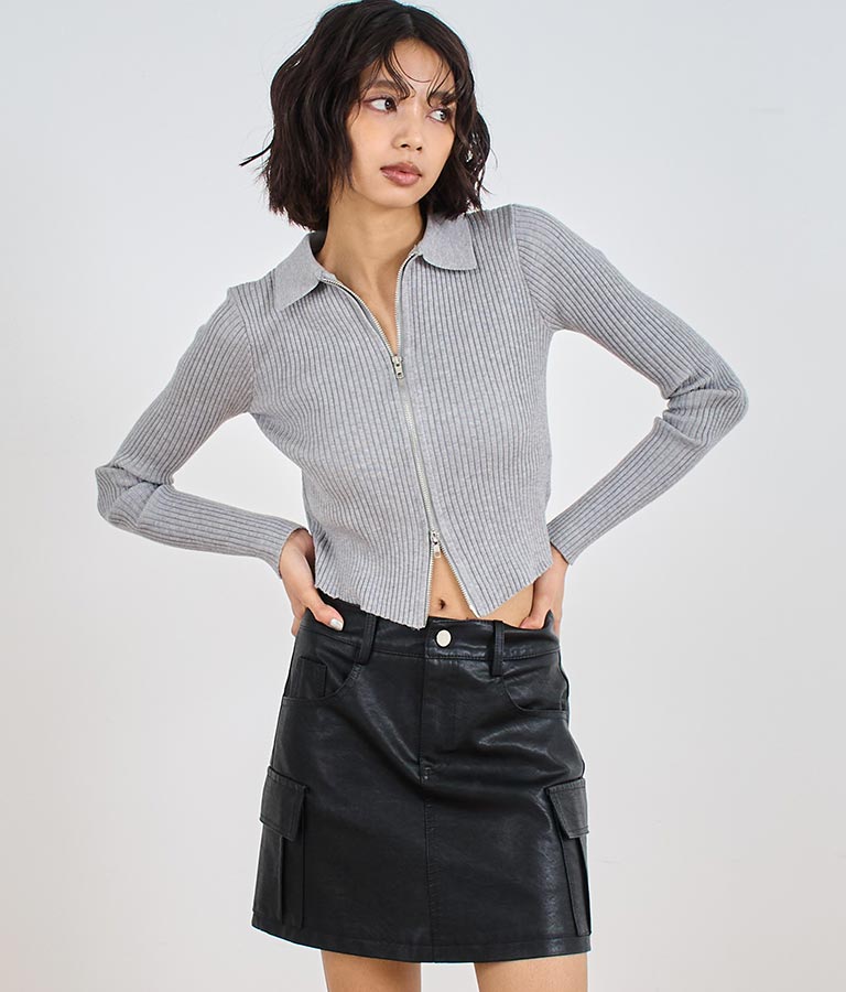 ダブルジップ 襟付き リブ ニット トップス 153-5587