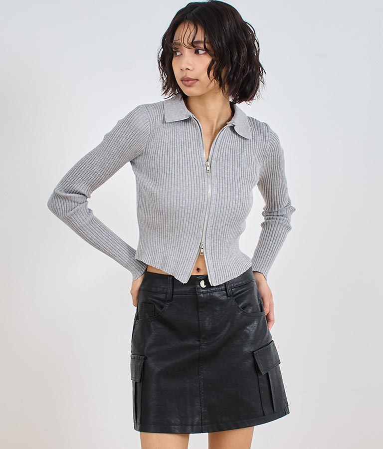 ダブルジップ 襟付き リブ ニット トップス 153-5587