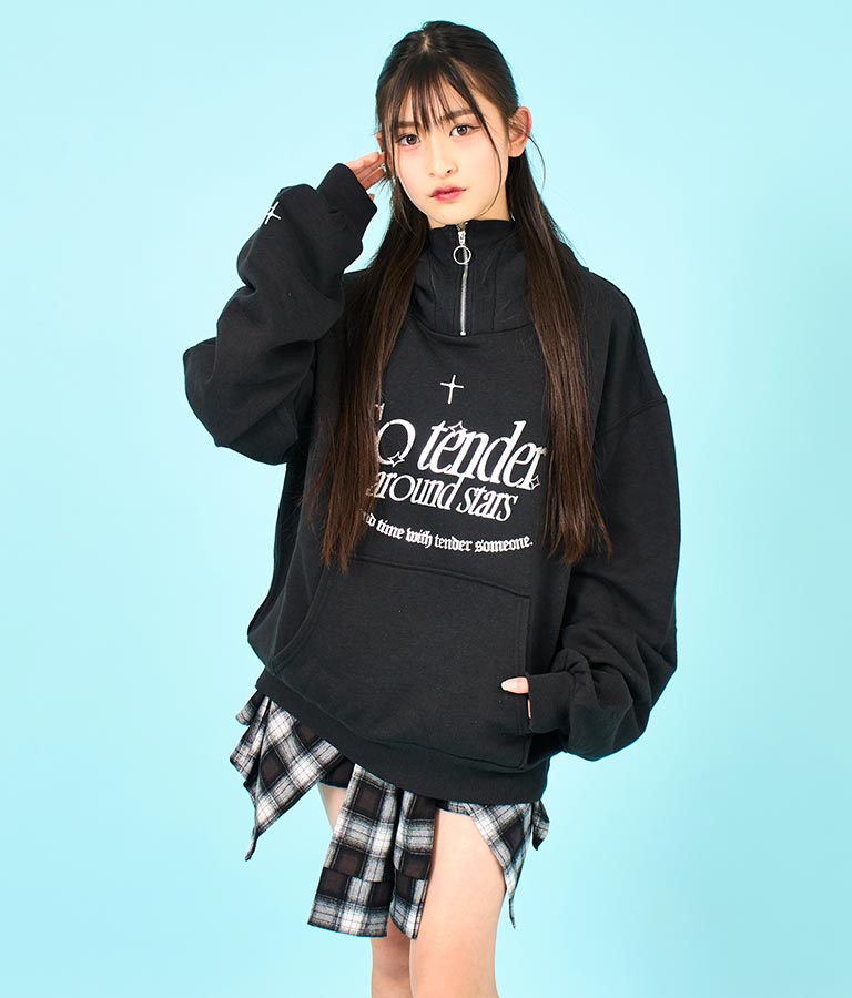 【ティーンズライン】箔 プリント ハーフジップ スウェット フーディー 913-7602