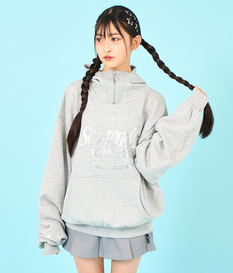 【ティーンズライン】箔 プリント ハーフジップ スウェット フーディー 913-7602