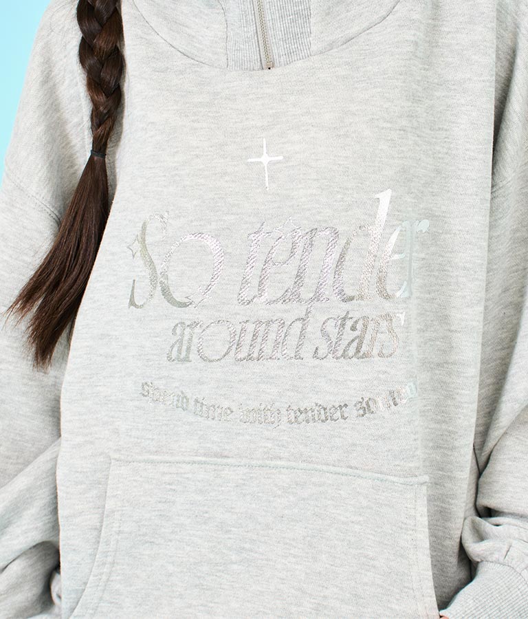 【ティーンズライン】箔 プリント ハーフジップ スウェット フーディー 913-7602