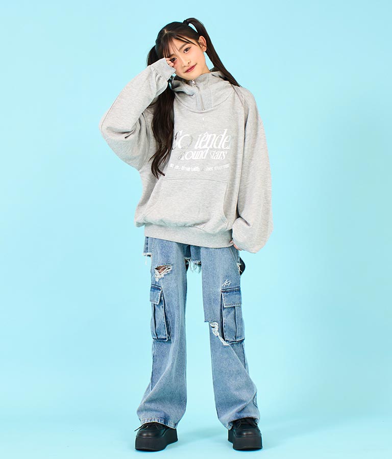 【ティーンズライン】箔 プリント ハーフジップ スウェット フーディー 913-7602