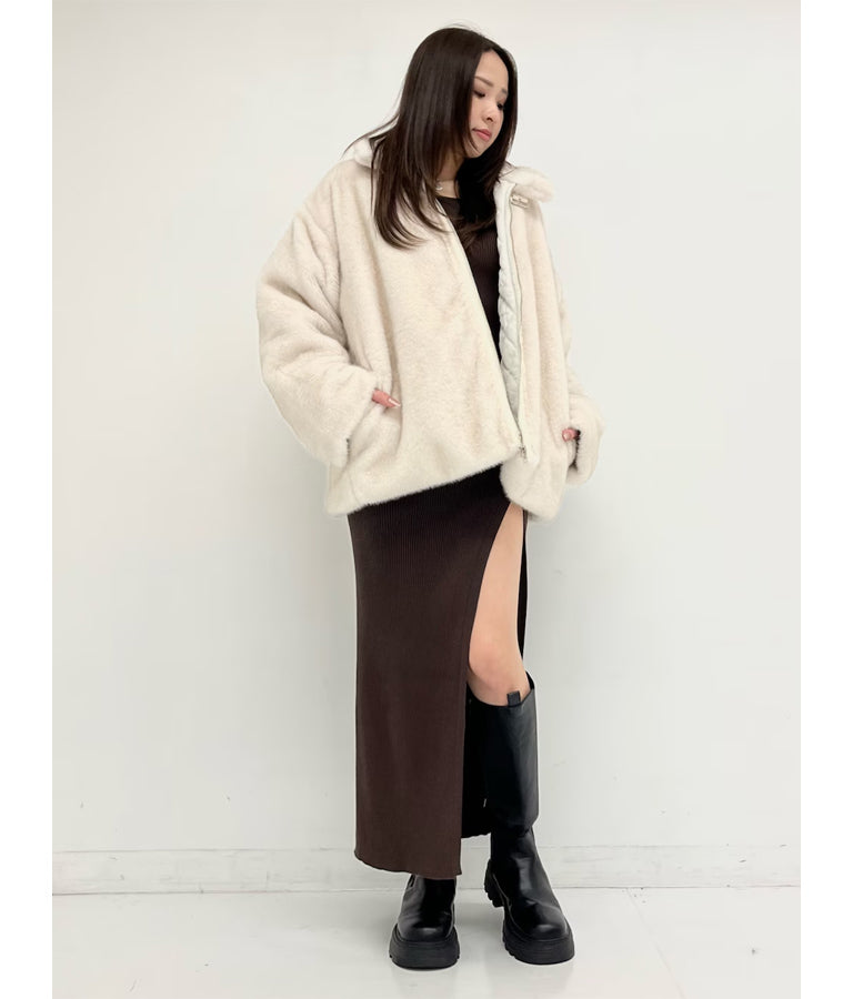 ベルト付き スタンドカラー フェイク ファー コート 795-9209