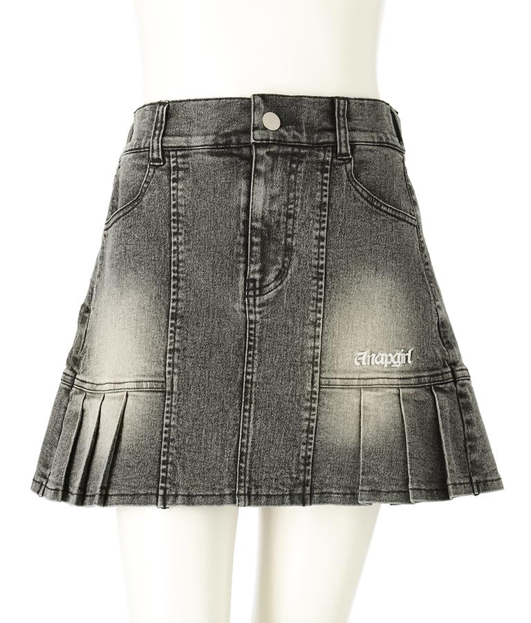 ヴィンテージ加工 ストレッチ デニム ハーフ プリーツ スカート 911-7610