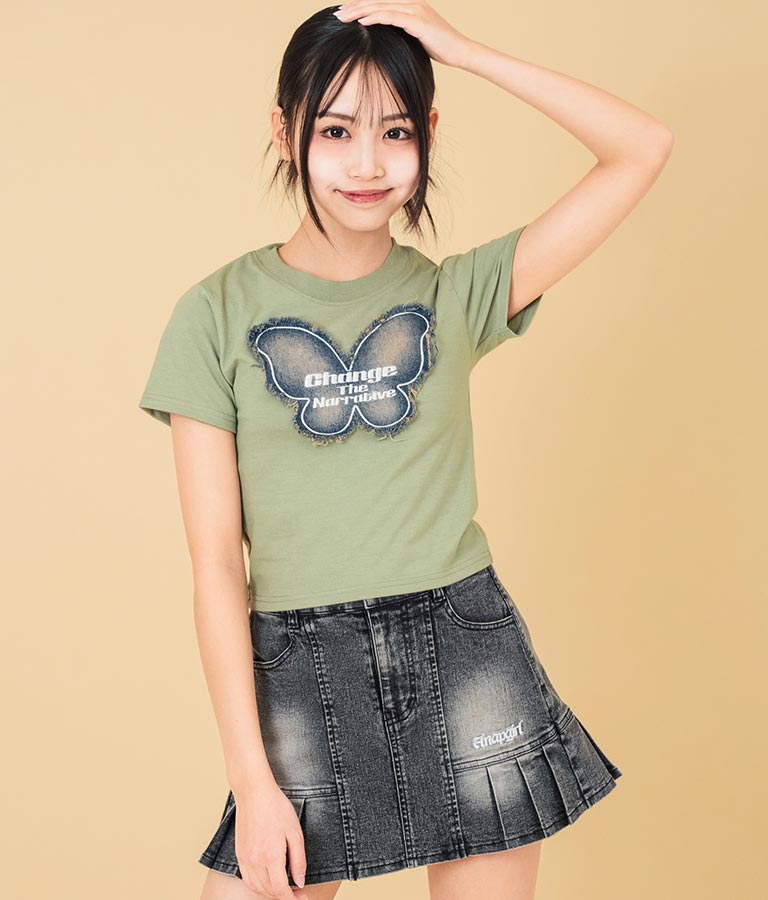 デニム バタフライ ワッペン モチーフ ミニ Tシャツ