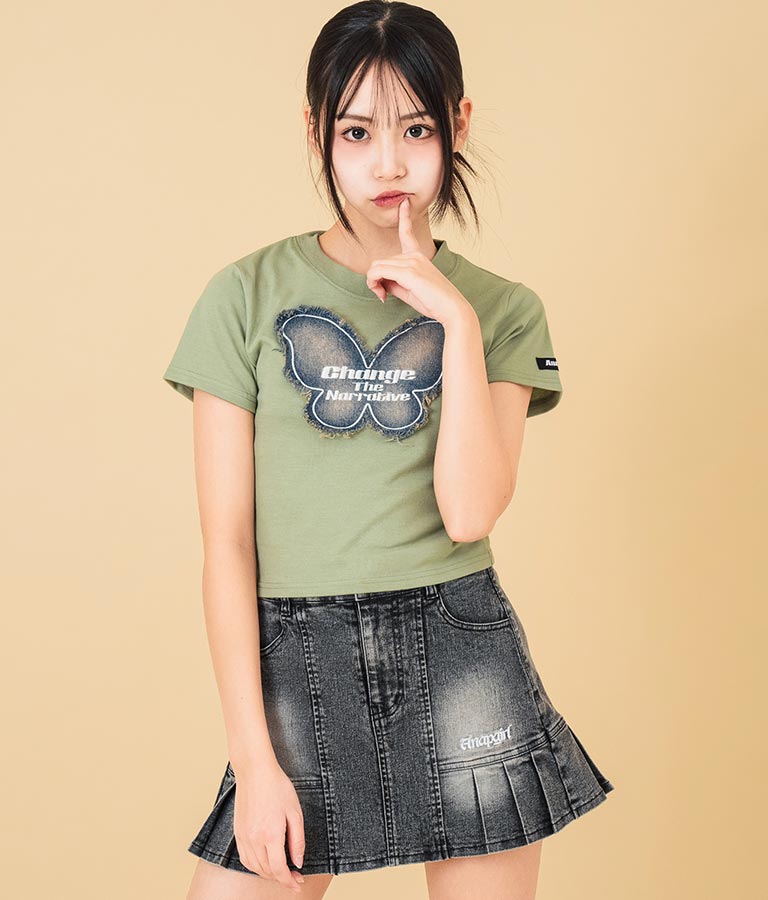 デニム バタフライ ワッペン モチーフ ミニ Tシャツ 913-7633