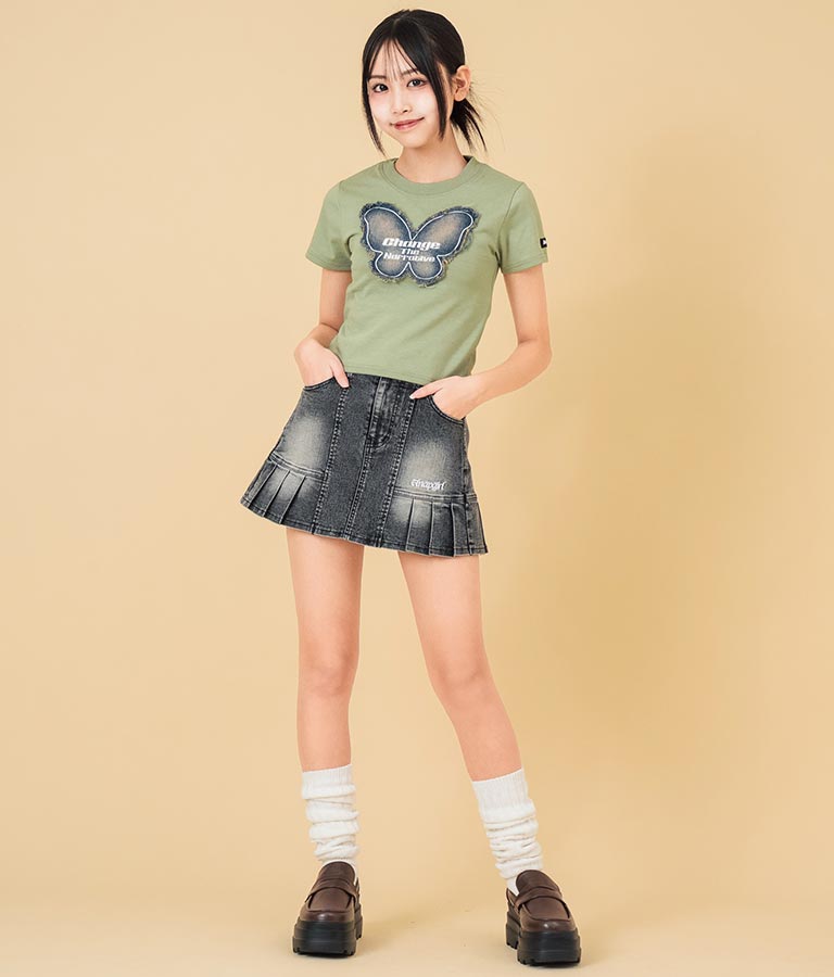 デニム バタフライ ワッペン モチーフ ミニ Tシャツ 913-7633
