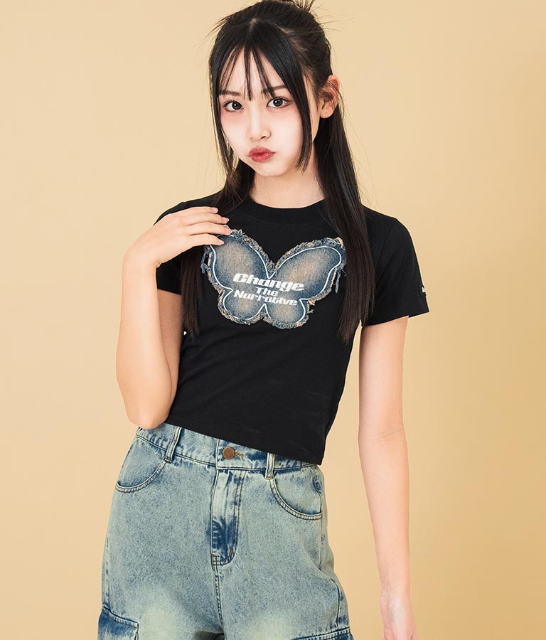 デニム バタフライ ワッペン モチーフ ミニ Tシャツ 913-7633