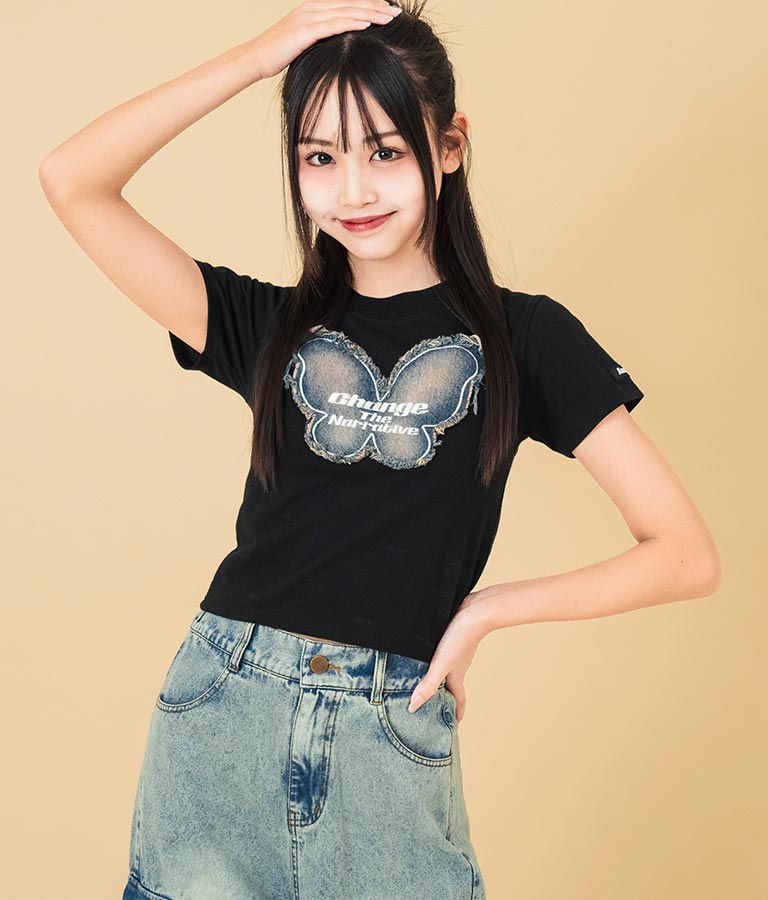 デニム バタフライ ワッペン モチーフ ミニ Tシャツ 913-7633