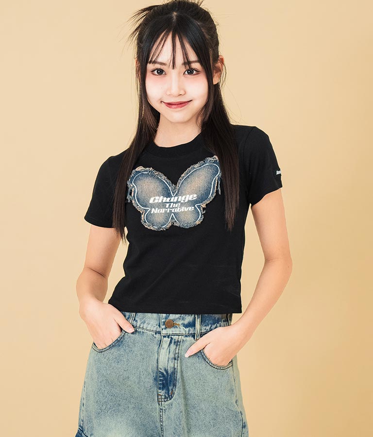 デニム バタフライ ワッペン モチーフ ミニ Tシャツ 913-7633