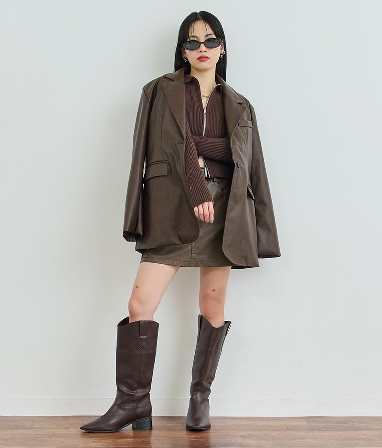 ダブルジップ 襟付き リブ ニット トップス 153-5587