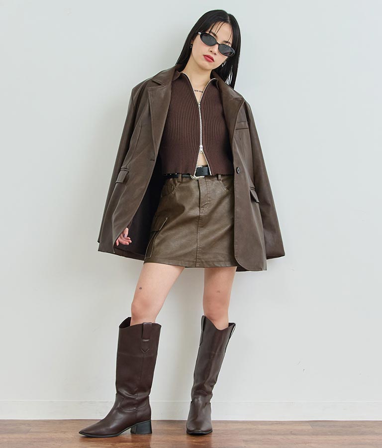 ダブルジップ 襟付き リブ ニット トップス 153-5587