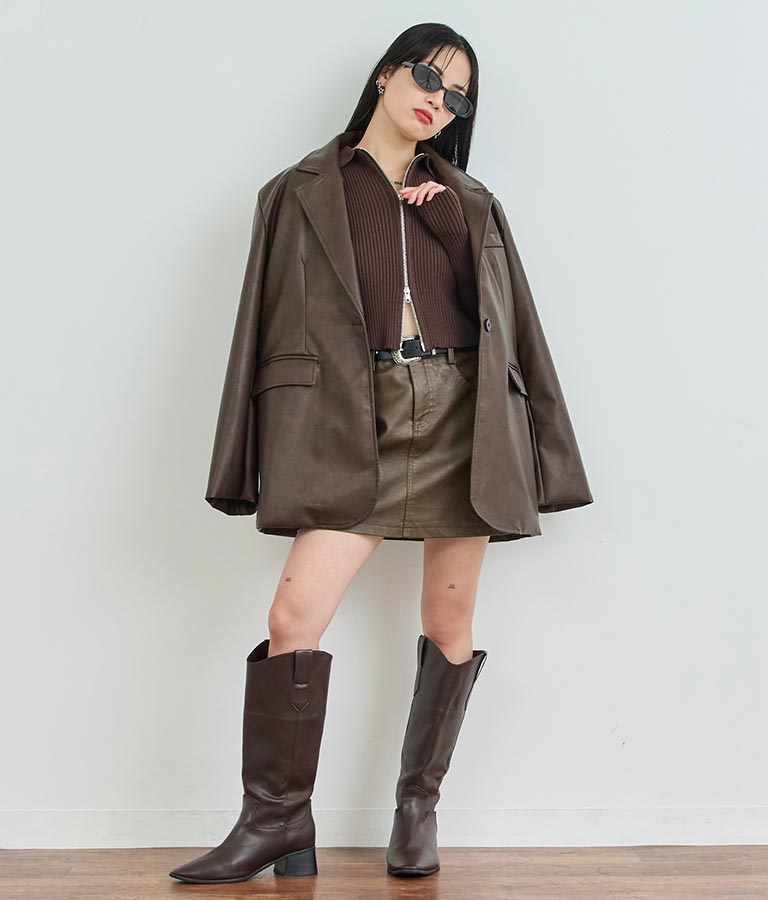 ダブルジップ 襟付き リブ ニット トップス 153-5587