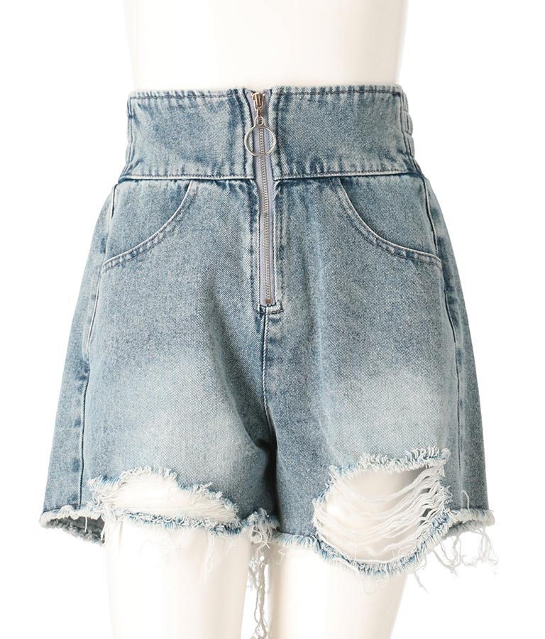 ハイウエスト リングジップ ダメージ デニム ショート パンツ【キッズお揃い】912-7623