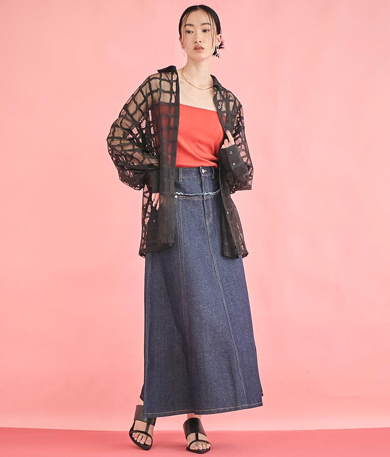 切替 デザイン フレア ロング デニム スカート