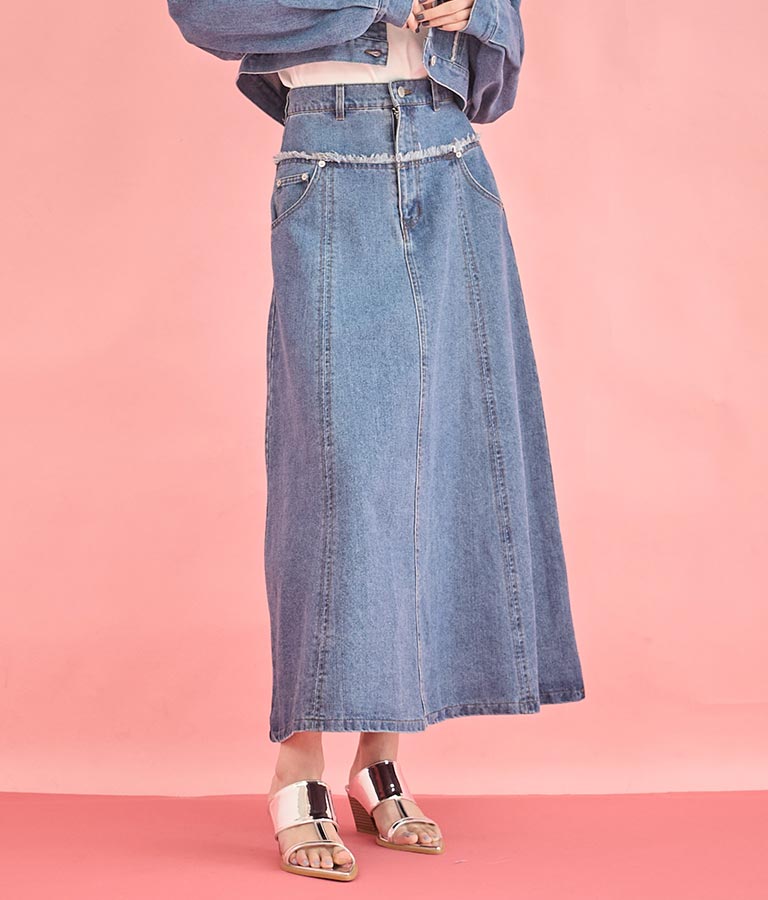 切替 デザイン フレア ロング デニム スカート 361-9583