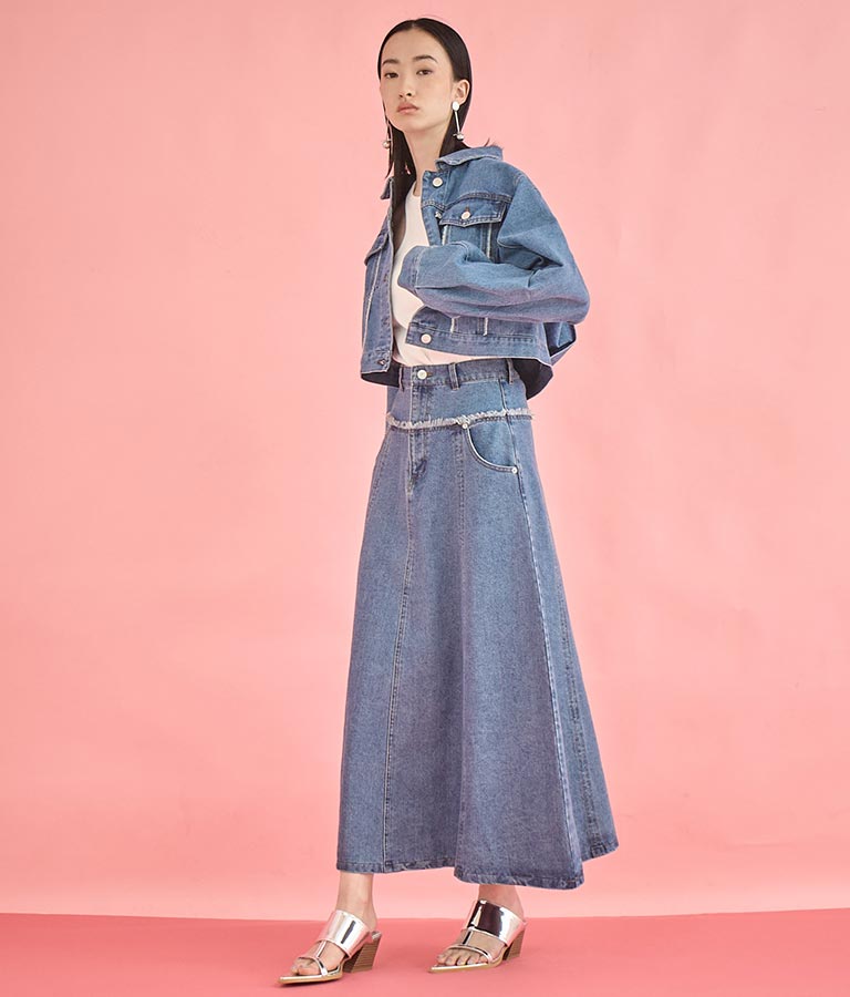 切替 デザイン フレア ロング デニム スカート 361-9583