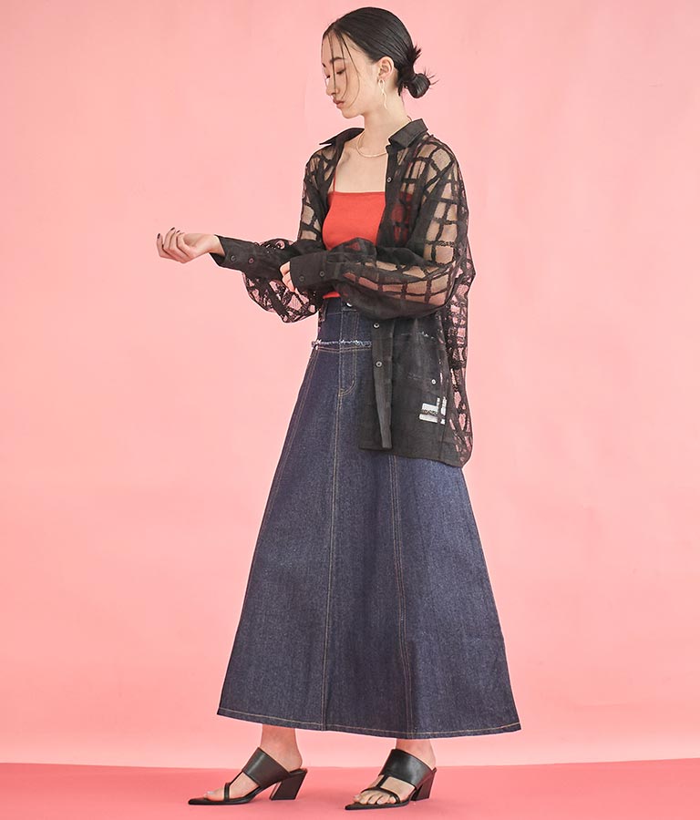 切替 デザイン フレア ロング デニム スカート 361-9583