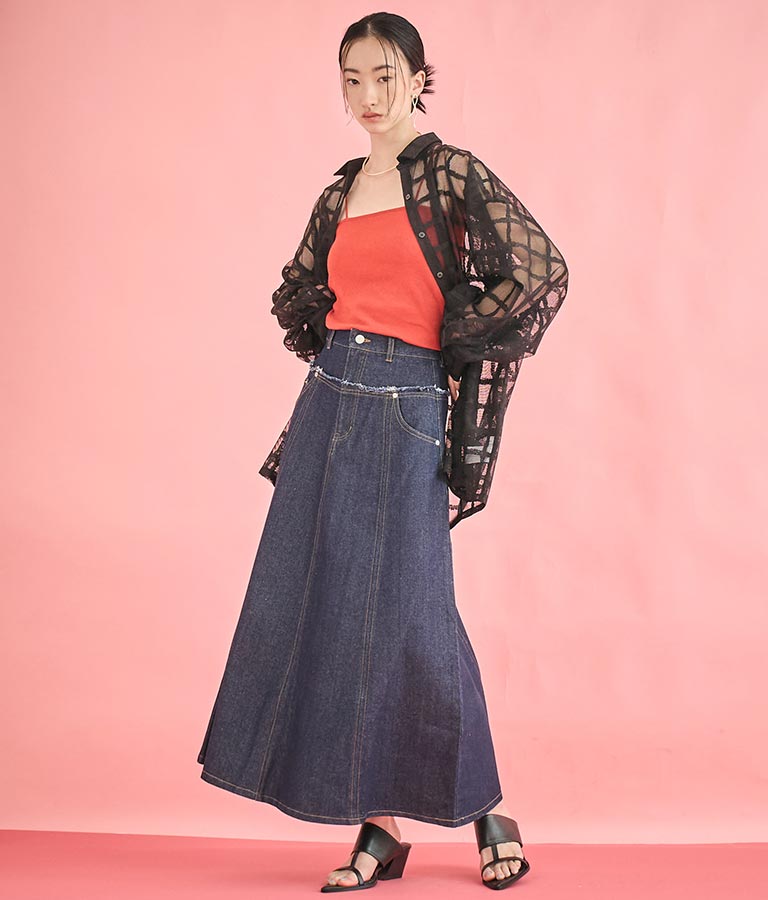 切替 デザイン フレア ロング デニム スカート 361-9583