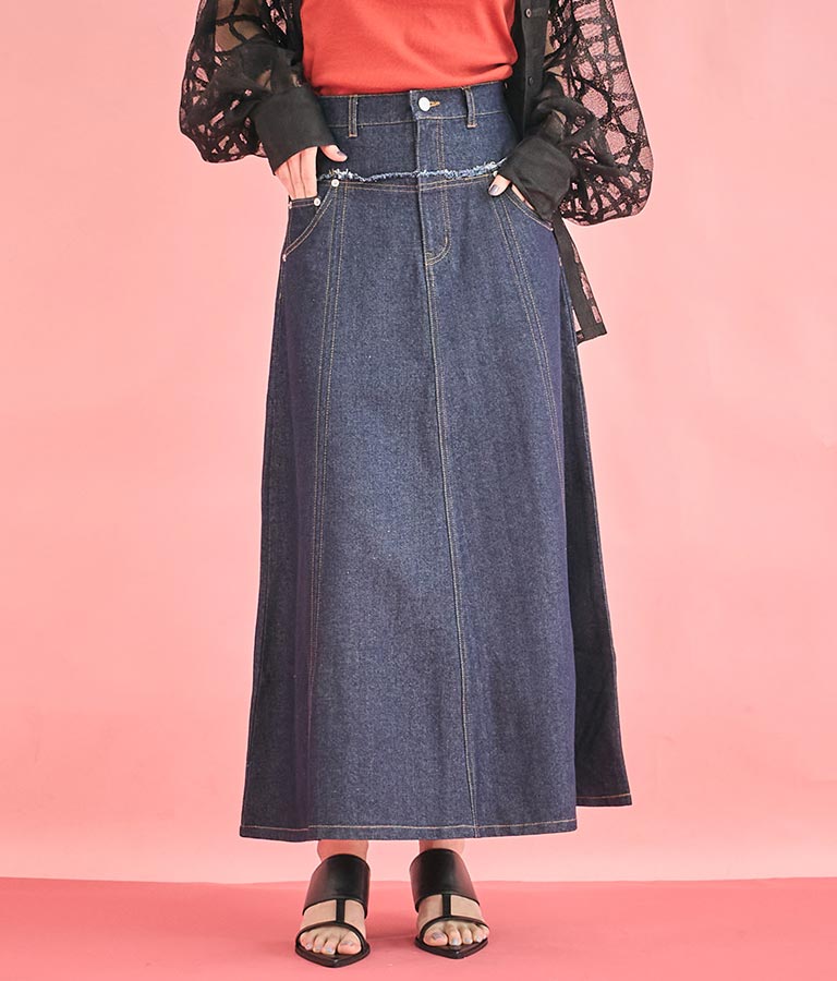 切替 デザイン フレア ロング デニム スカート 361-9583