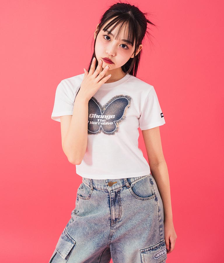 デニム バタフライ ワッペン モチーフ ミニ Tシャツ 913-7633