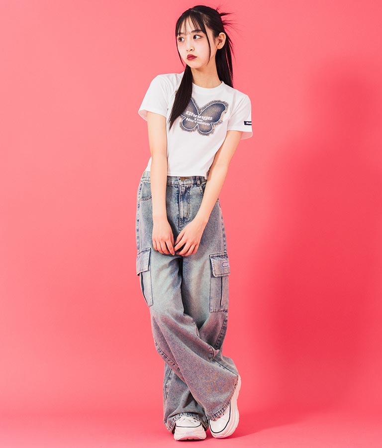 デニム バタフライ ワッペン モチーフ ミニ Tシャツ 913-7633