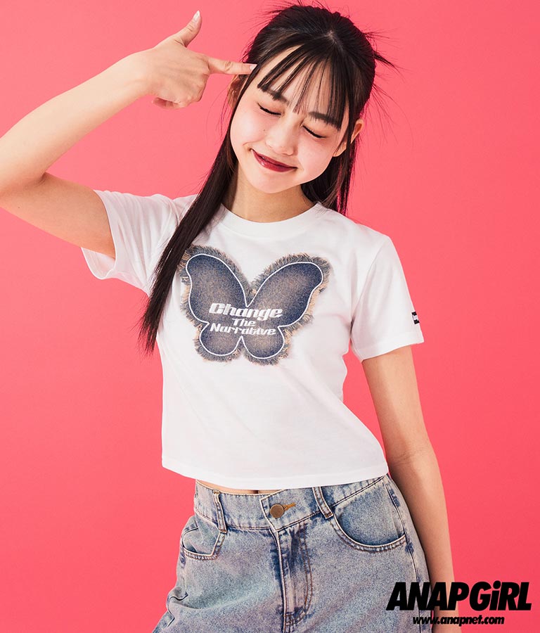 デニム バタフライ ワッペン モチーフ ミニ Tシャツ 913-7633