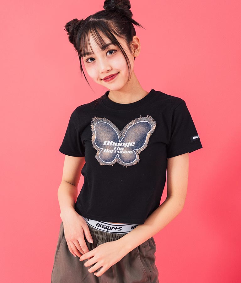デニム バタフライ ワッペン モチーフ ミニ Tシャツ 913-7633