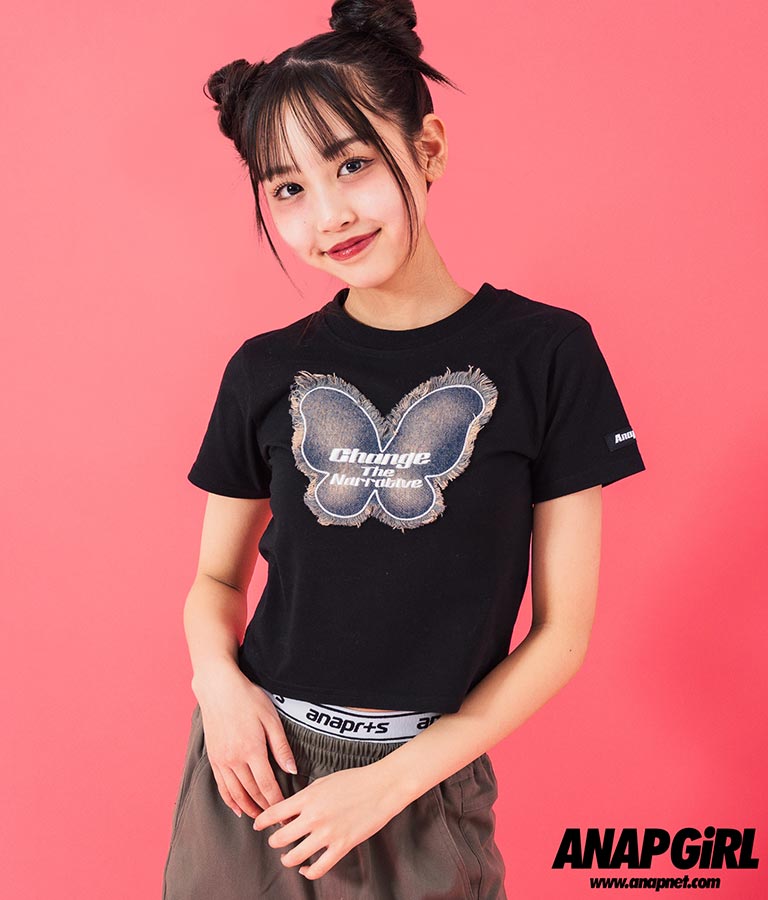 デニム バタフライ ワッペン モチーフ ミニ Tシャツ 913-7633