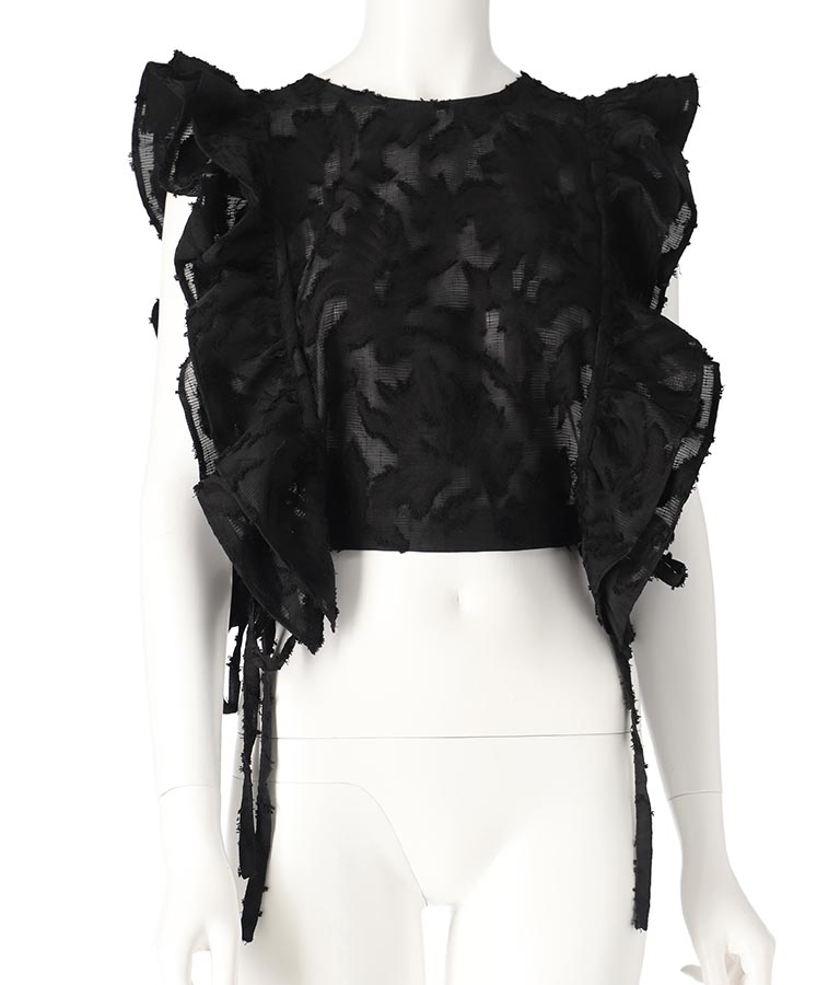 フリンジ ジャガード ラッフルスリーブ ジレ【セットアップ着用可】 364-9596