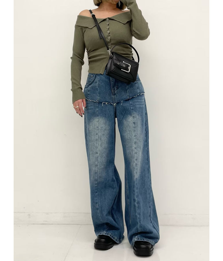 ボタン デザイン オフショルダー リブ ニット トップス 153-5639