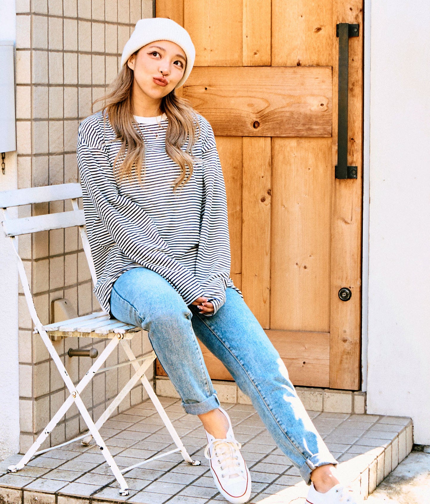 シアー カラー ボーダー ロングスリーブ カットソー 長袖 Tシャツ 853-5933