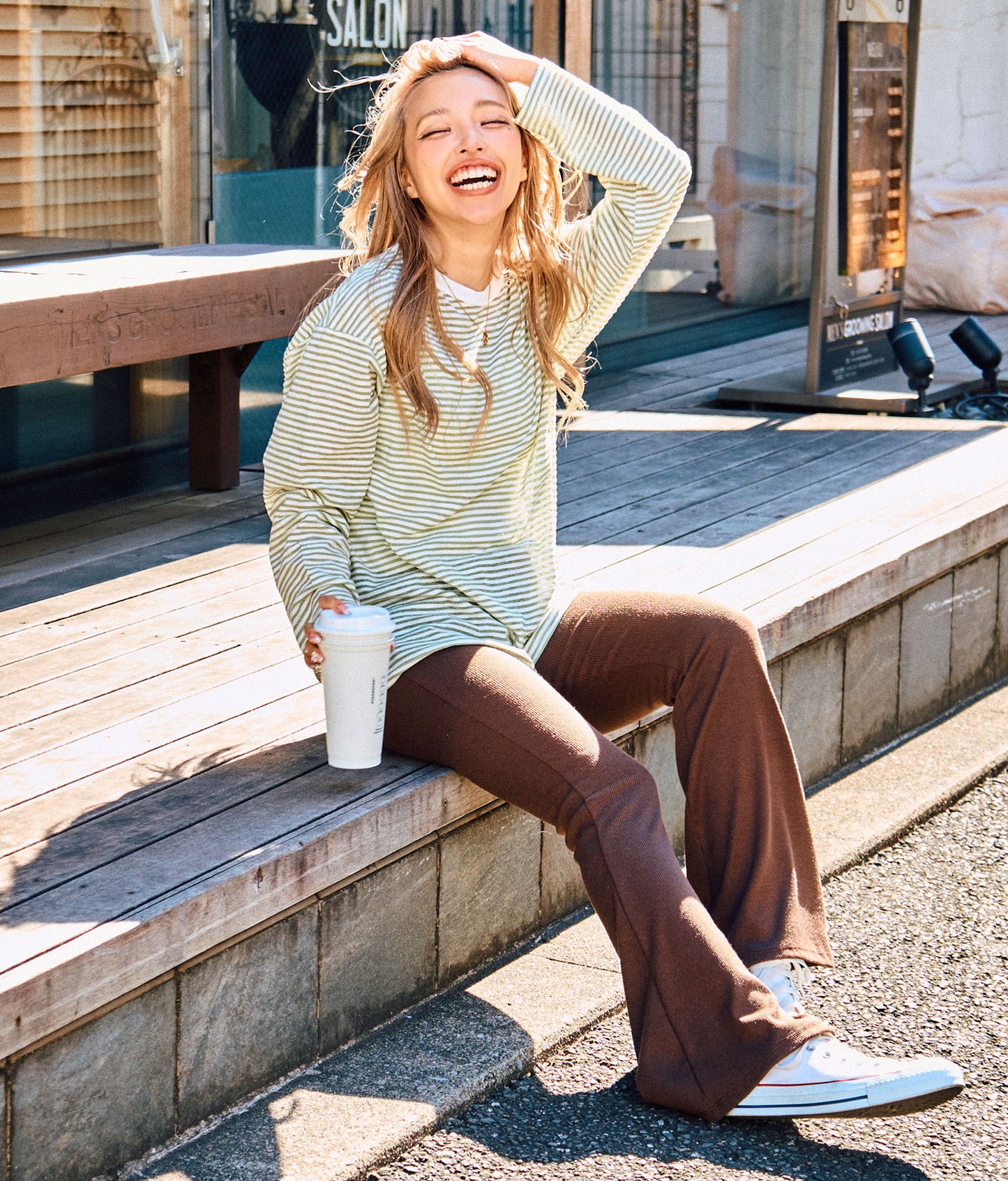 シアー カラー ボーダー ロングスリーブ カットソー 長袖 Tシャツ 853-5933