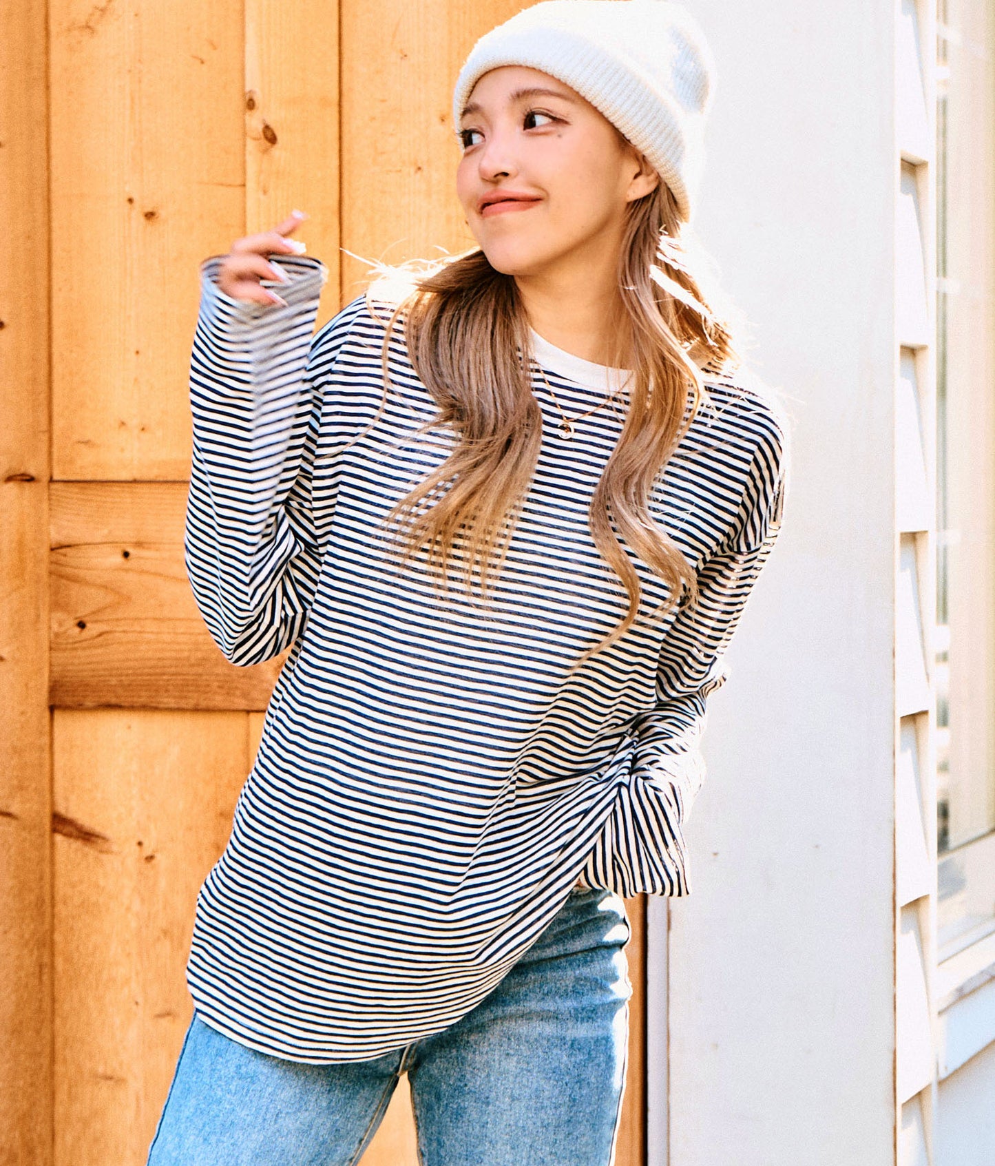 シアー カラー ボーダー ロングスリーブ カットソー 長袖 Tシャツ 853-5933