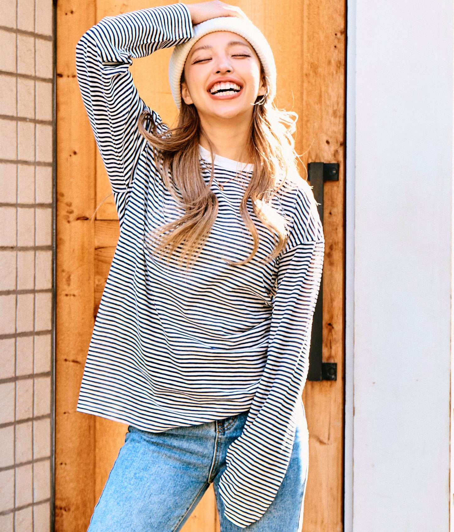 シアー カラー ボーダー ロングスリーブ カットソー 長袖 Tシャツ 853-5933