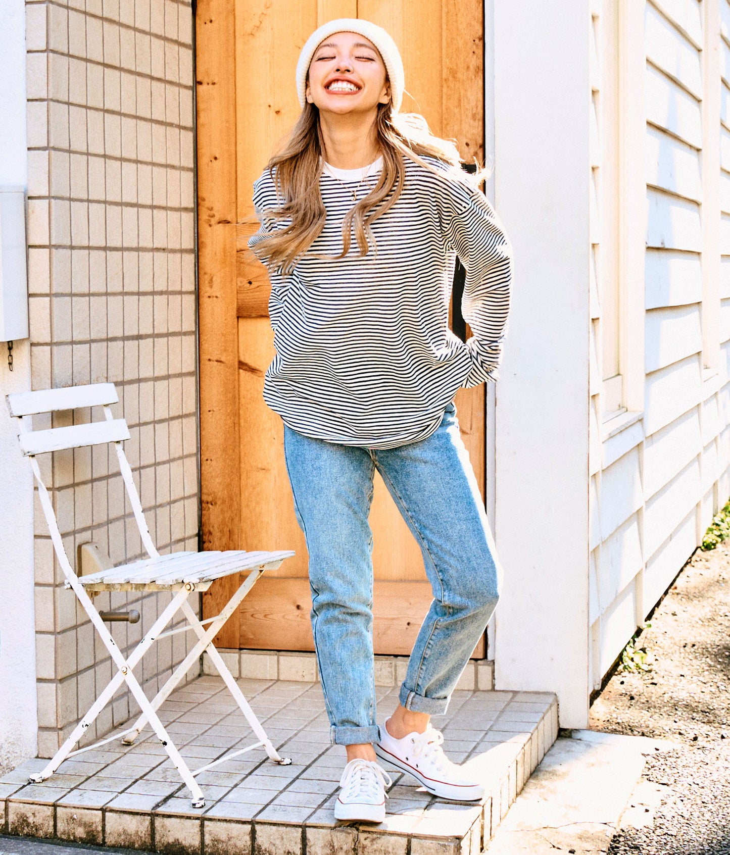 シアー カラー ボーダー ロングスリーブ カットソー 長袖 Tシャツ 853-5933
