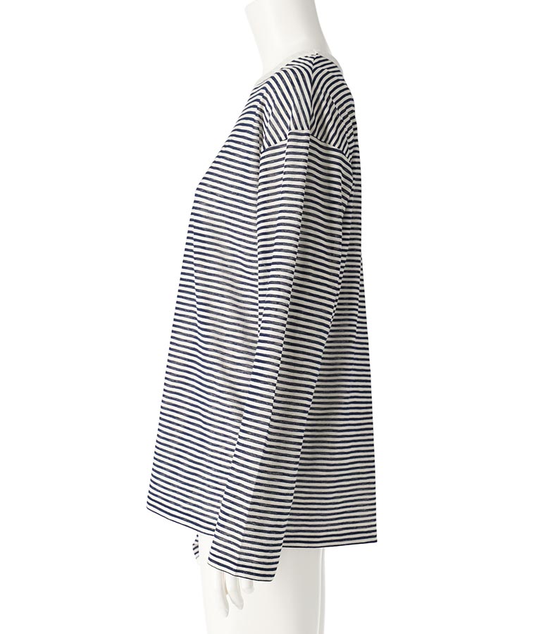 シアー カラー ボーダー ロングスリーブ カットソー 長袖 Tシャツ 853-5933