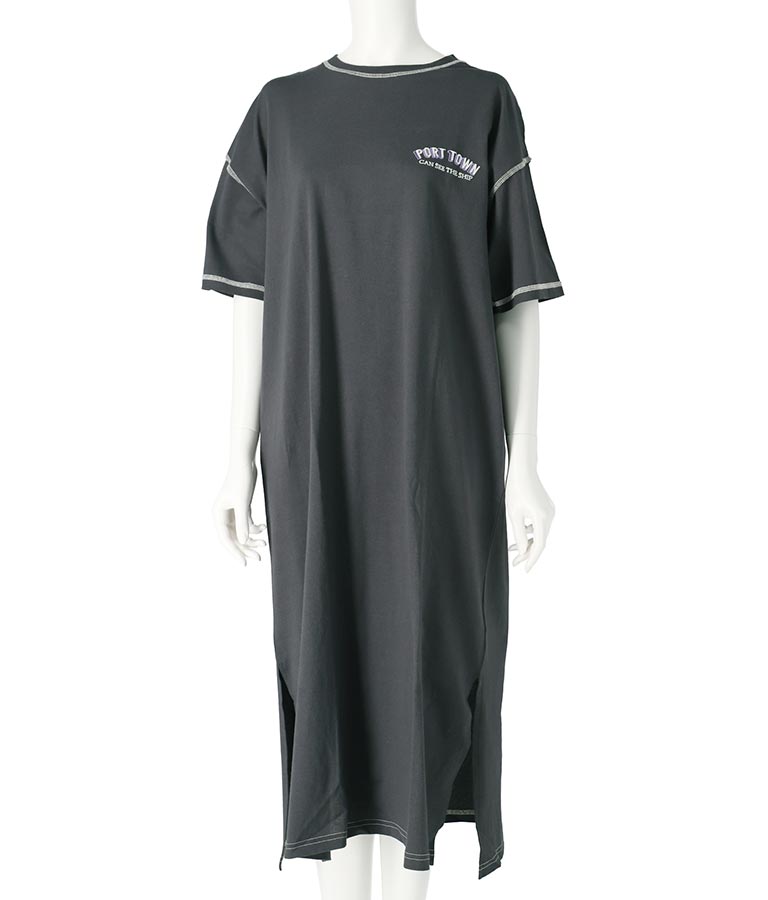 配色ステッチ ロゴ 半袖 マキシ ロング Tシャツ ワンピース 857-5932