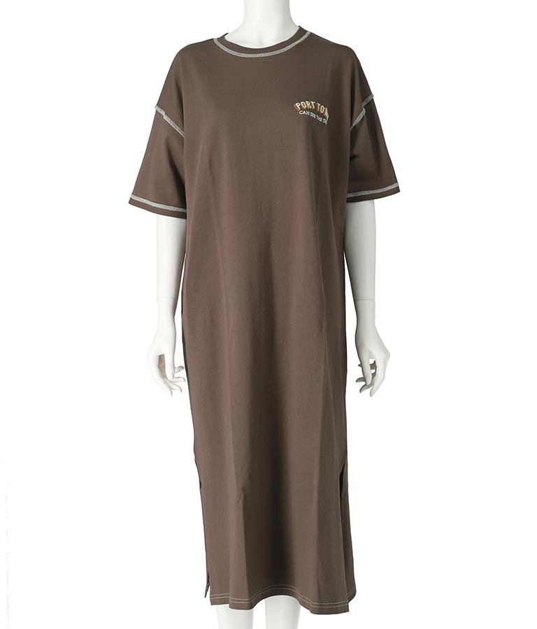 配色ステッチ ロゴ 半袖 マキシ ロング Tシャツ ワンピース 857-5932