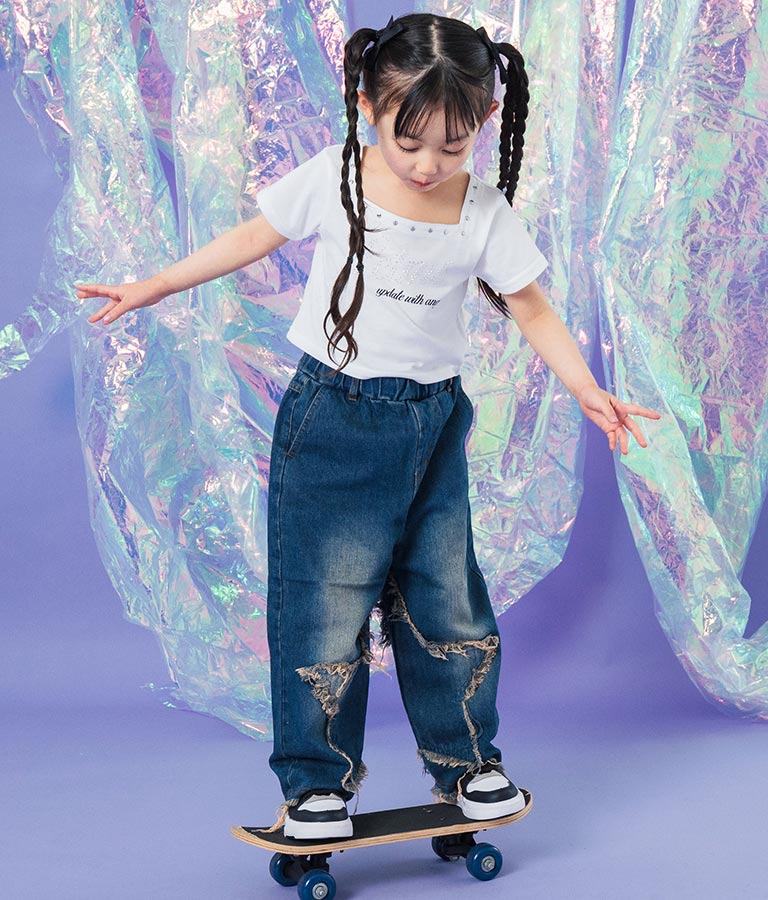 スクエアネック ラインストーン Tシャツ 423-3365