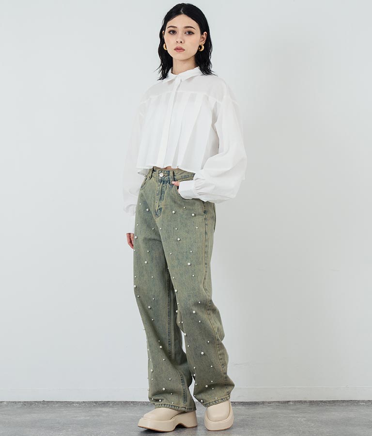 ボリュームスリーブ クロップド プリーツ シャツ ブラウス 793-9231