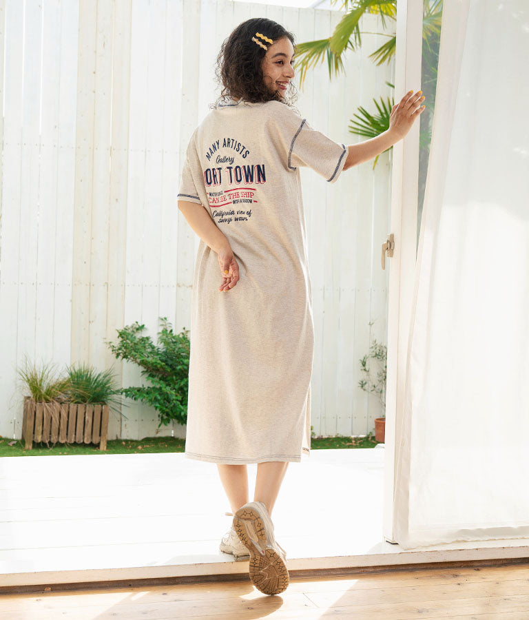 配色ステッチ ロゴ 半袖 マキシ ロング Tシャツ ワンピース 857-5932