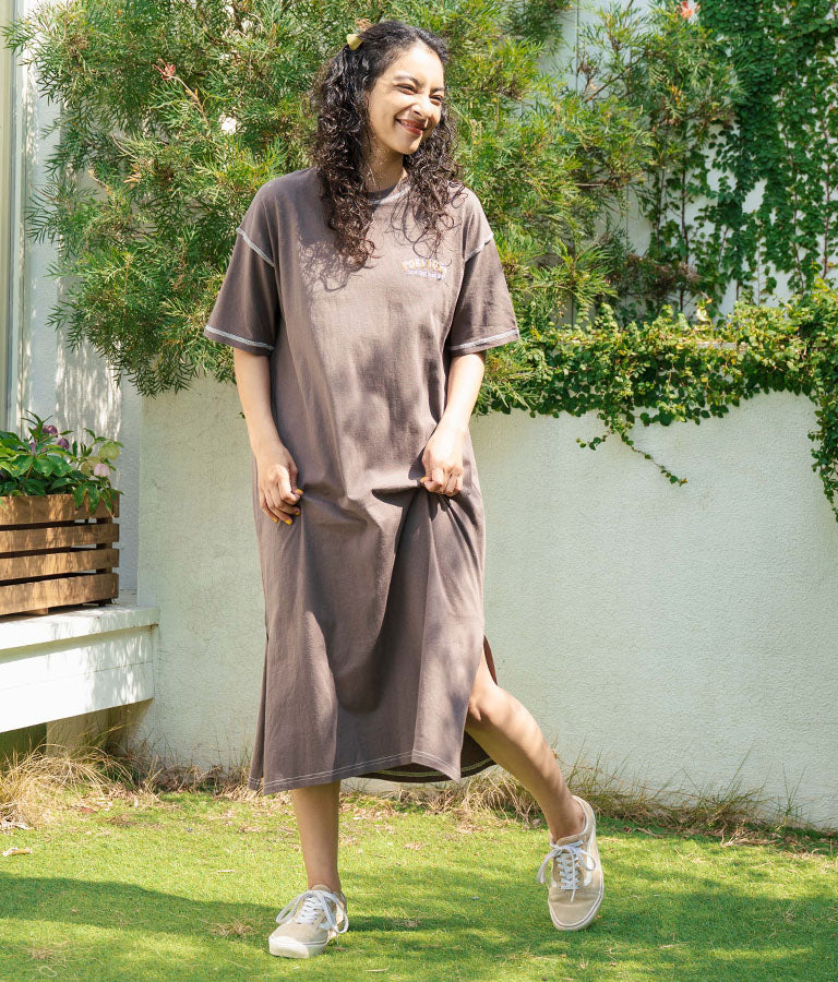 配色ステッチ ロゴ 半袖 マキシ ロング Tシャツ ワンピース 857-5932