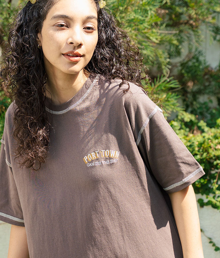 配色ステッチ ロゴ 半袖 マキシ ロング Tシャツ ワンピース 857-5932