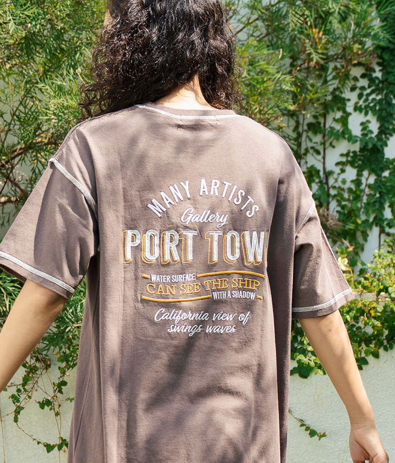 配色ステッチ ロゴ 半袖 マキシ ロング Tシャツ ワンピース 857-5932