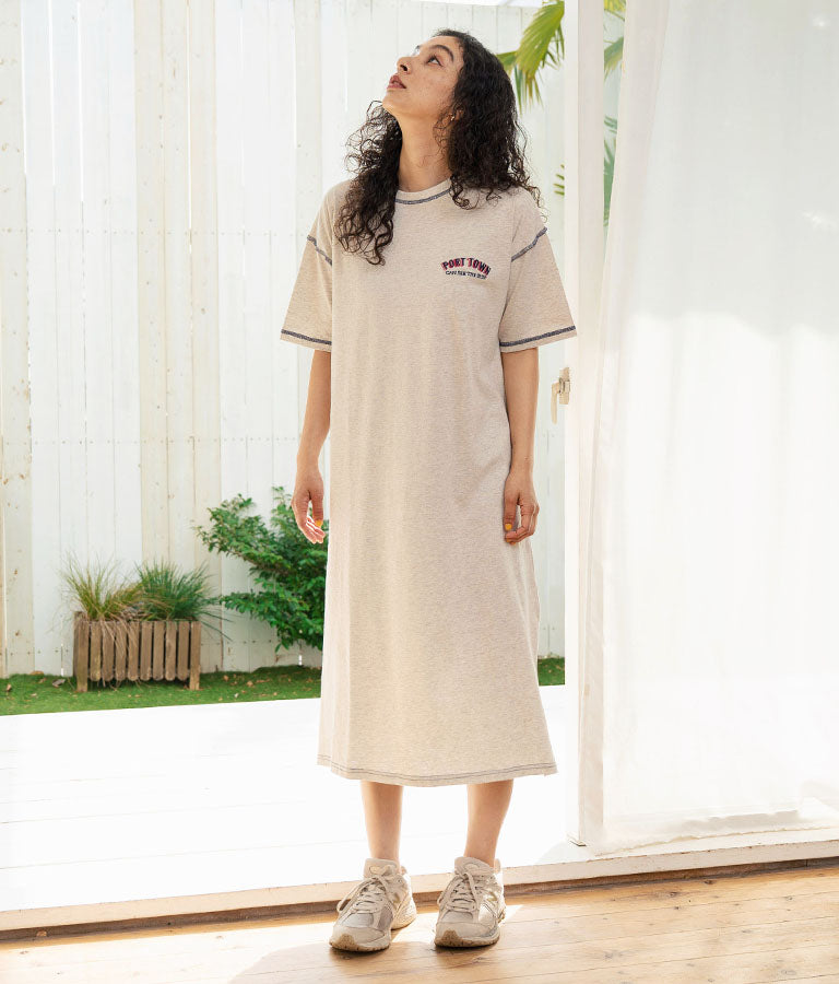 配色ステッチ ロゴ 半袖 マキシ ロング Tシャツ ワンピース 857-5932